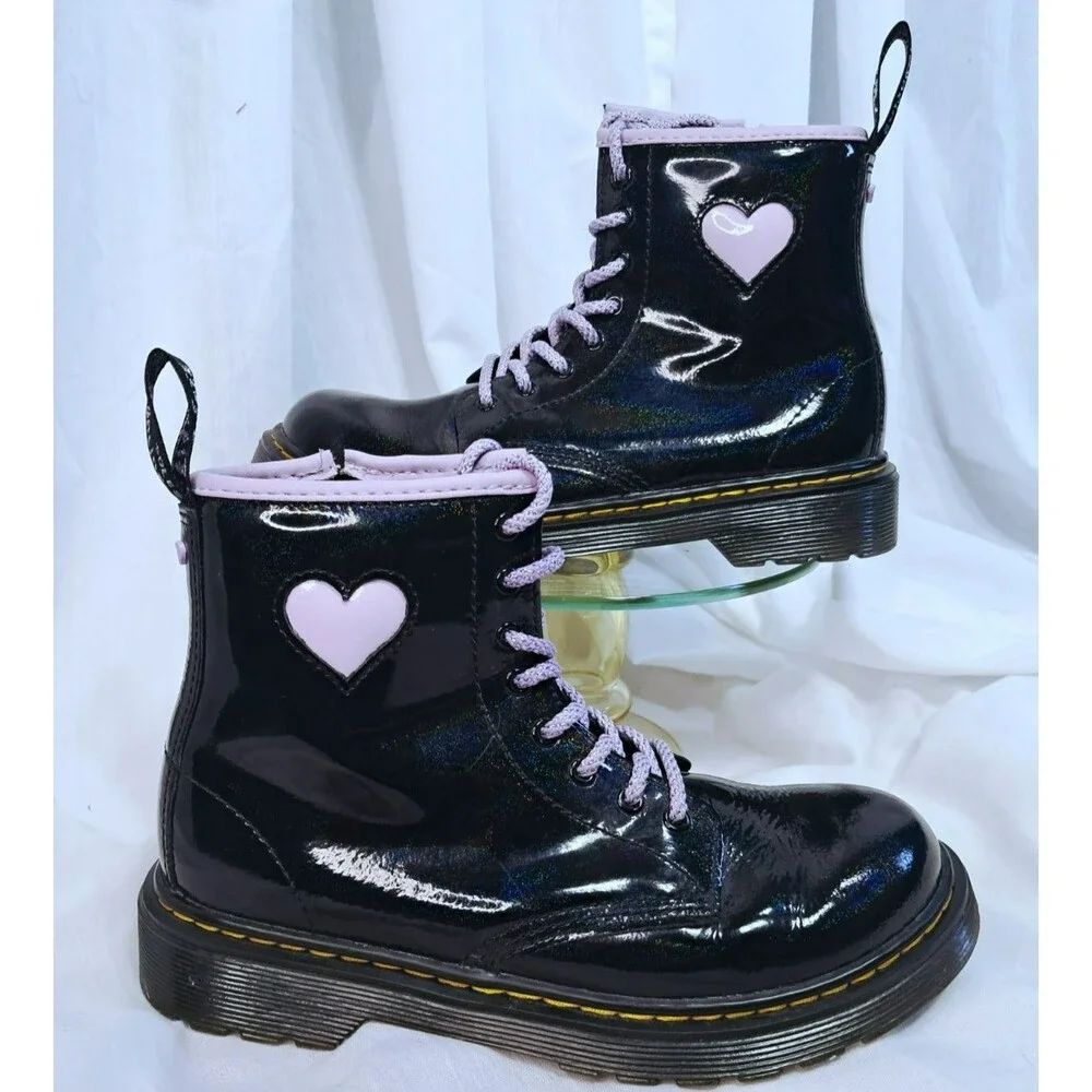 Dr. Martens Junior 1460 Shimmer Heart Boots Black Purple  Size 3 EU 34 UK 2